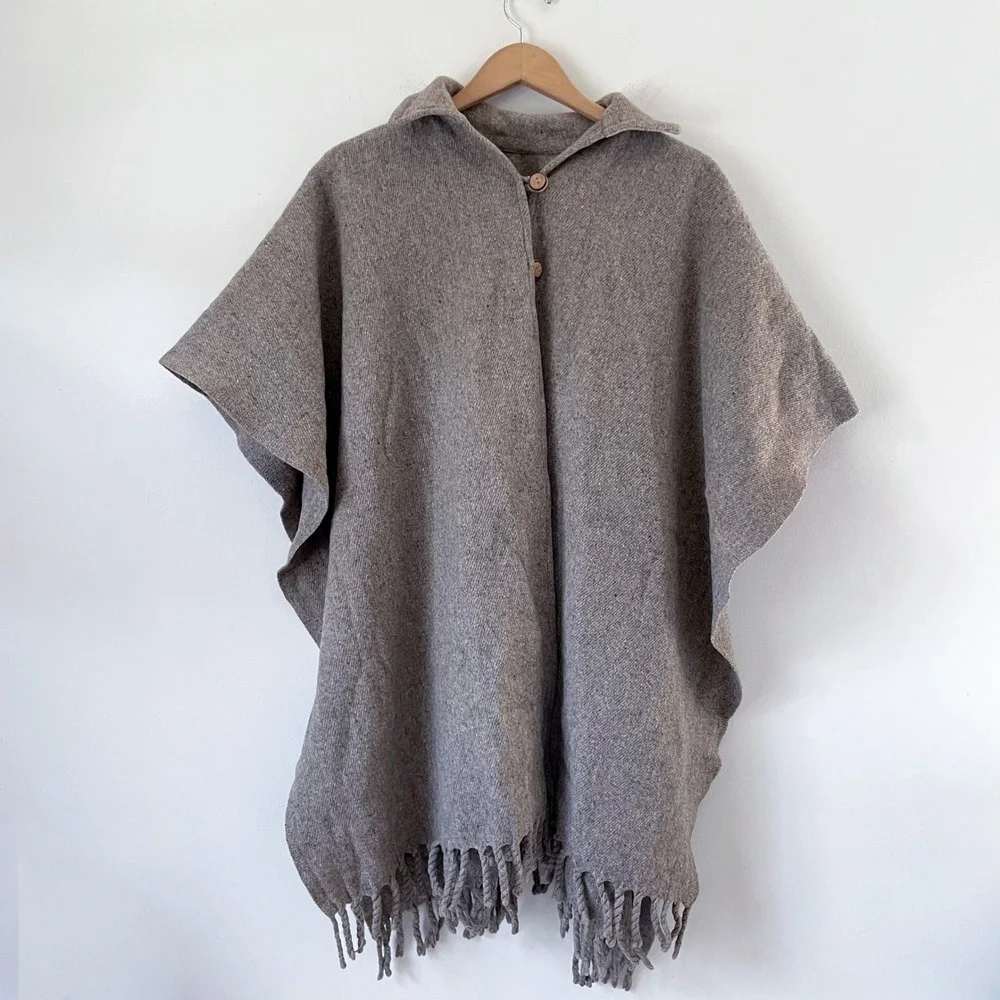Vintage Wool Blend Fringe Poncho Cape Large Brown Boho Rustic Cabincore cozy